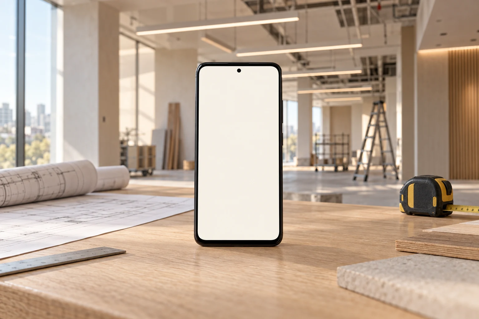 A mobile phone on a project table in a sunlit interior with architectural lighting